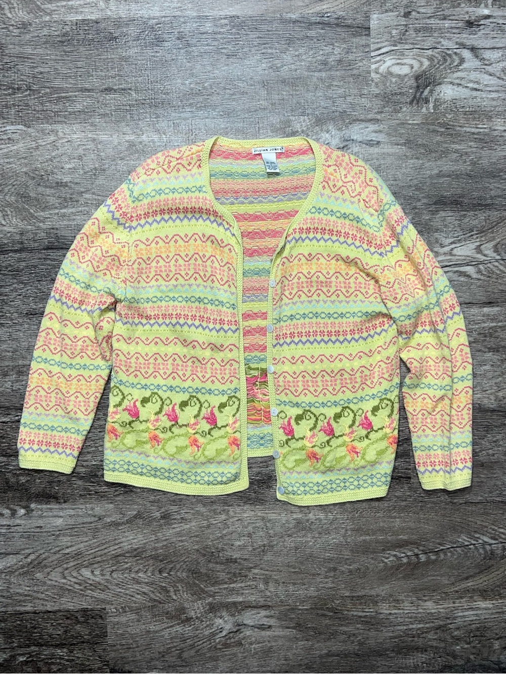 Jillian Jones Vintage Multi-Colored Floral and Geometric Cardigan Women’s Large